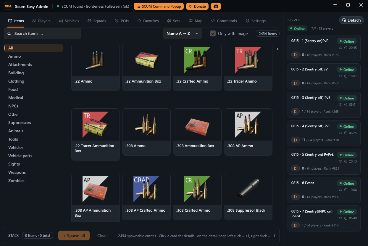 Scum Easy Admin – item spawner with over 2,400 real SCUM items, images and categories (English UI)